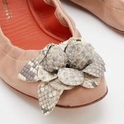 Santoni Beige Leather And Python Flower Bow Scrunch Ballet Flats Size 37