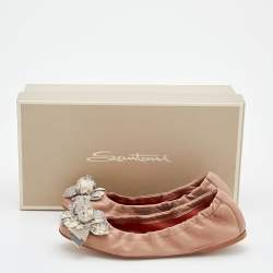 Santoni Beige Leather And Python Flower Bow Scrunch Ballet Flats Size 37