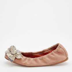 Santoni Beige Leather And Python Flower Bow Scrunch Ballet Flats Size 37