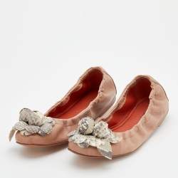 Santoni Beige Leather And Python Flower Bow Scrunch Ballet Flats Size 37