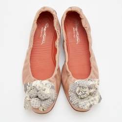 Santoni Beige Leather And Python Flower Bow Scrunch Ballet Flats Size 37