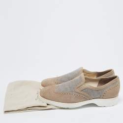 Santoni Grey Brogue Suede And Canvas Slip On Sneakers Size 39.5