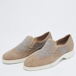 Santoni Grey Brogue Suede And Canvas Slip On Sneakers Size 39.5