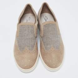 Santoni Grey Brogue Suede And Canvas Slip On Sneakers Size 39.5
