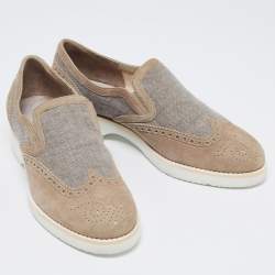 Santoni Grey Brogue Suede And Canvas Slip On Sneakers Size 39.5