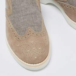 Santoni Grey Brogue Suede And Canvas Slip On Sneakers Size 39.5