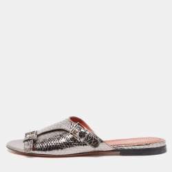 Santoni Metallic Python Embossed Leather Flat Slides Size 41