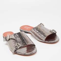 Santoni Metallic Python Embossed Leather Flat Slides Size 41