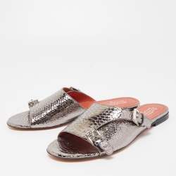 Santoni Metallic Python Embossed Leather Flat Slides Size 41
