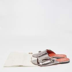 Santoni Metallic Python Embossed Leather Flat Slides Size 41