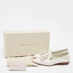 Santoni White Leather Tassel Detail Loafers Size 37