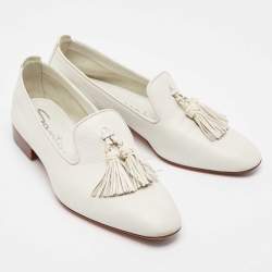 Santoni White Leather Tassel Detail Loafers Size 37