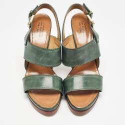 Santoni Green Leather Platform Block Heel Ankle Strap Sandals Size 39