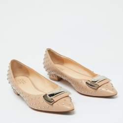 Santoni Beige Leather Crystal Embellished Pointed Toe Buckle Ballet Flats Size 38.5