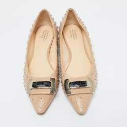 Santoni Beige Leather Crystal Embellished Pointed Toe Buckle Ballet Flats Size 38.5