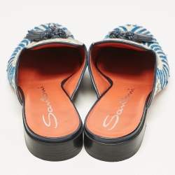 Santoni Grey/Blue Canvas Tassel Detail Mules Size 40
