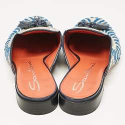 Santoni Grey/Blue Canvas Tassel Detail Mules Size 40