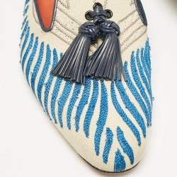 Santoni Grey/Blue Canvas Tassel Detail Mules Size 40
