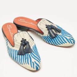 Santoni Grey/Blue Canvas Tassel Detail Mules Size 40