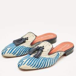 Santoni Grey/Blue Canvas Tassel Detail Mules Size 40