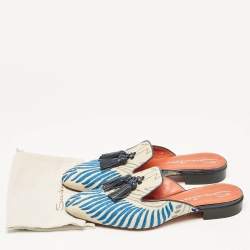 Santoni Grey/Blue Canvas Tassel Detail Mules Size 40