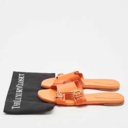 Santoni Orange Leather Foresaw Flat Slides Size 38