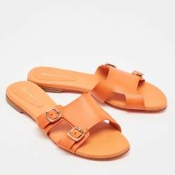 Santoni Orange Leather Foresaw Flat Slides Size 38