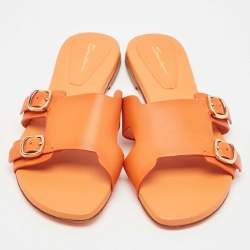 Santoni Orange Leather Foresaw Flat Slides Size 38