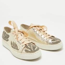 Pre Owned Santoni Gold Leather Crystal Embellished Lace Up Sneakers Size 39