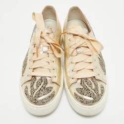 Pre Owned Santoni Gold Leather Crystal Embellished Lace Up Sneakers Size 39