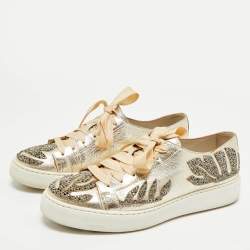 Pre Owned Santoni Gold Leather Crystal Embellished Lace Up Sneakers Size 39
