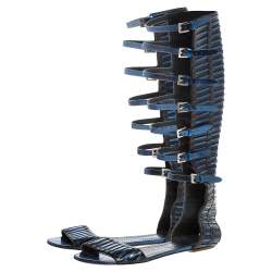 Pre Owned Santoni Black/Metallic Blue Leather Gladiator Sandals Size 40