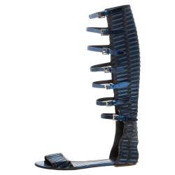 Pre Owned Santoni Black/Metallic Blue Leather Gladiator Sandals Size 40