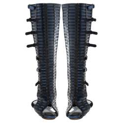 Pre Owned Santoni Black/Metallic Blue Leather Gladiator Sandals Size 40