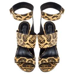 Santoni Beige/Black Python Leather Open Toe Ankle Wrap Sandals Size 40