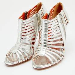 Santoni Silver Leather Caged Peep Toe Sandals Size 36