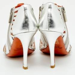 Santoni Silver Leather Caged Peep Toe Sandals Size 36