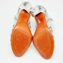 Santoni Silver Leather Caged Peep Toe Sandals Size 36