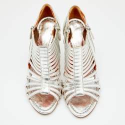 Santoni Silver Leather Caged Peep Toe Sandals Size 36