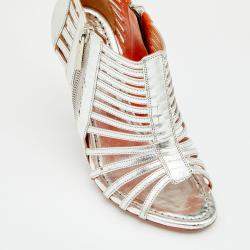 Santoni Silver Leather Caged Peep Toe Sandals Size 36