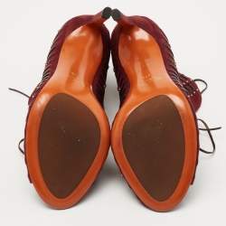 Santoni Burgundy Suede and Leather Peep Toe Lace Up Ankle Booties Size 37.5