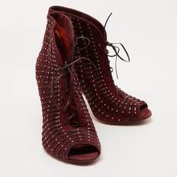 Santoni Burgundy Suede and Leather Peep Toe Lace Up Ankle Booties Size 37.5