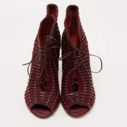 Santoni Burgundy Suede and Leather Peep Toe Lace Up Ankle Booties Size 37.5