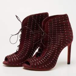 Santoni Burgundy Suede and Leather Peep Toe Lace Up Ankle Booties Size 37.5