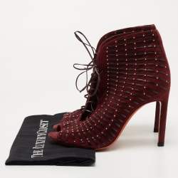 Santoni Burgundy Suede and Leather Peep Toe Lace Up Ankle Booties Size 37.5