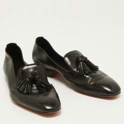 Santoni Black Leather Fringe Detail Slip On Loafers Size 39.5