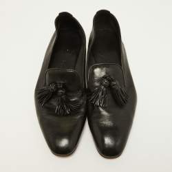 Santoni Black Leather Fringe Detail Slip On Loafers Size 39.5