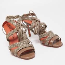 مملوكة مسبقًا Santoni Two Tone Woven Leather Tassel Ankle Tie Sandals Size 38