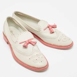 Santoni Light Grey/Pink Brogue Leather Fringe Detail Slip On Loafers Size 40