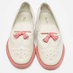Santoni Light Grey/Pink Brogue Leather Fringe Detail Slip On Loafers Size 40